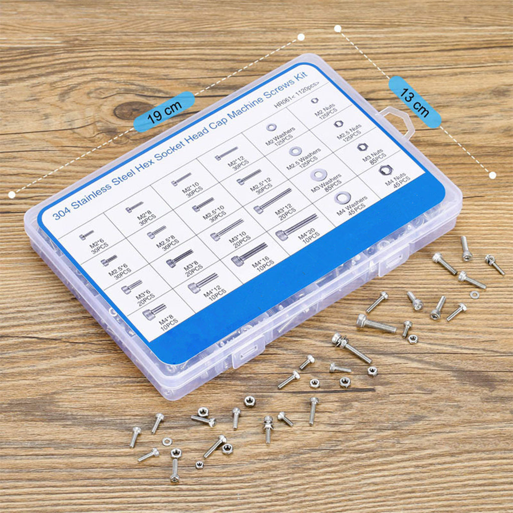 1120xStainless Steel Screws Bolts and Nuts Assortment M2 M2.5 M3 M4 Hex Head