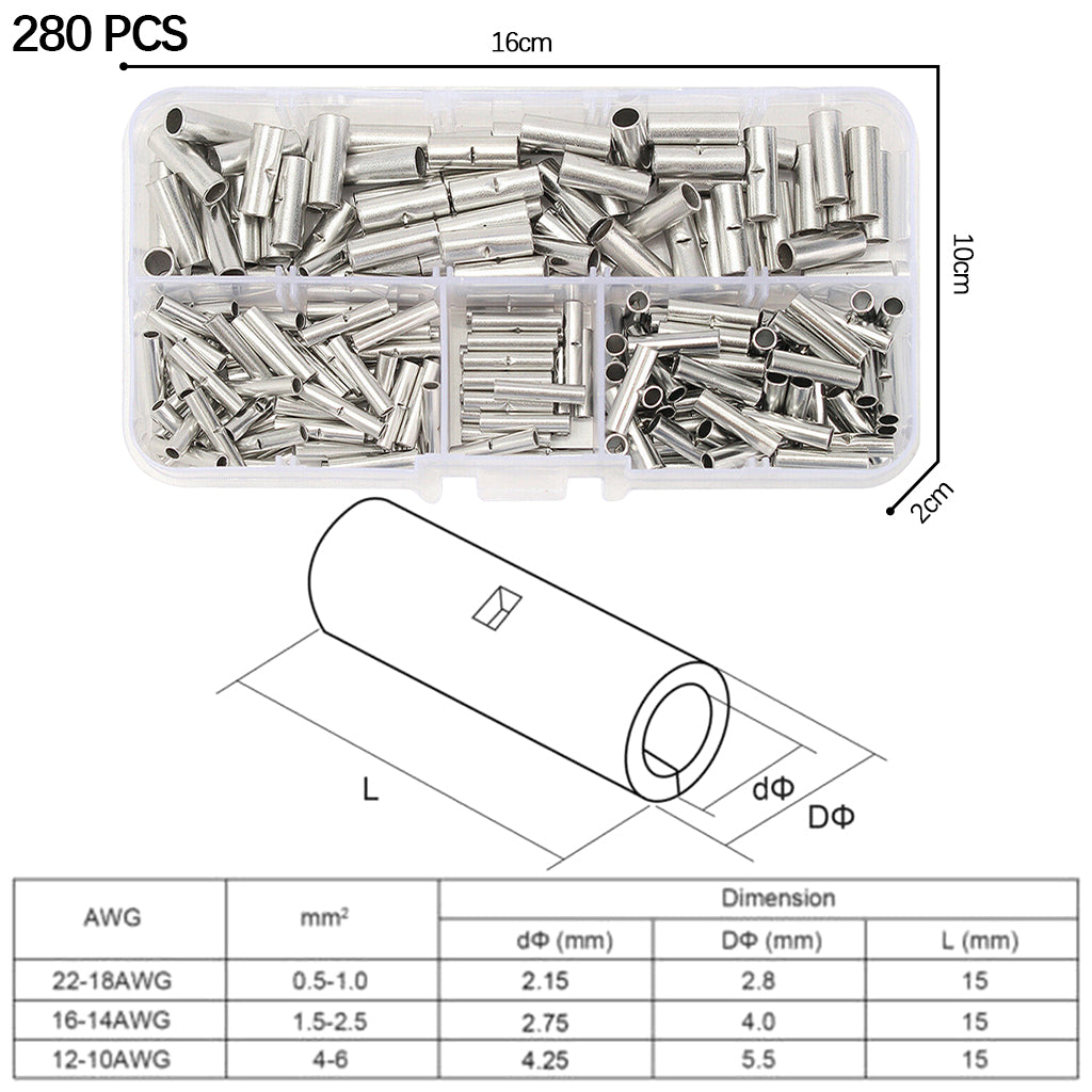 280 Piece Non Insulated Electrical Wire Terminals Crimp Connectors Kit
