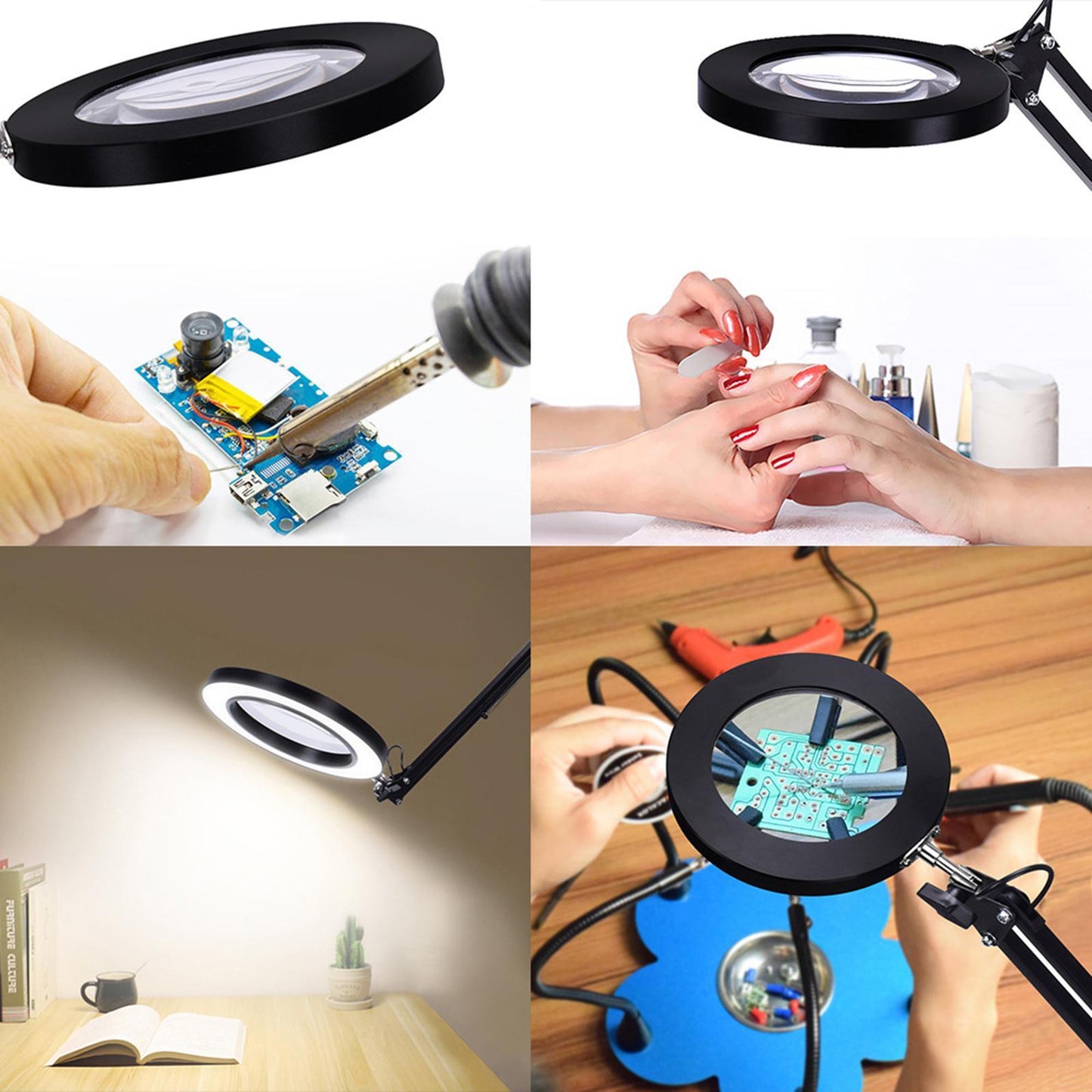 LED Lamp Soldering Iron Stand Lens Magnifier Helping Hand Clamp Magnifying Round Base