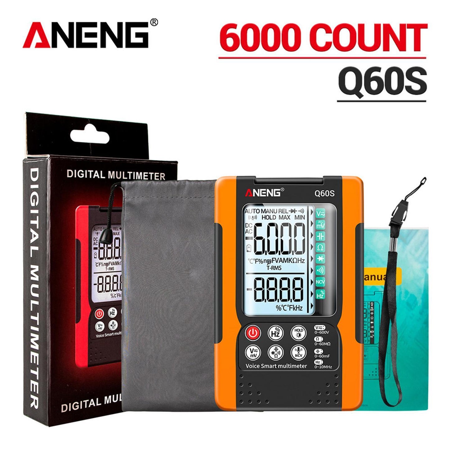 Digital Multimeter High Precision Tester 6000 Counts Volt Meter with Lanyard Yellow Voice Control