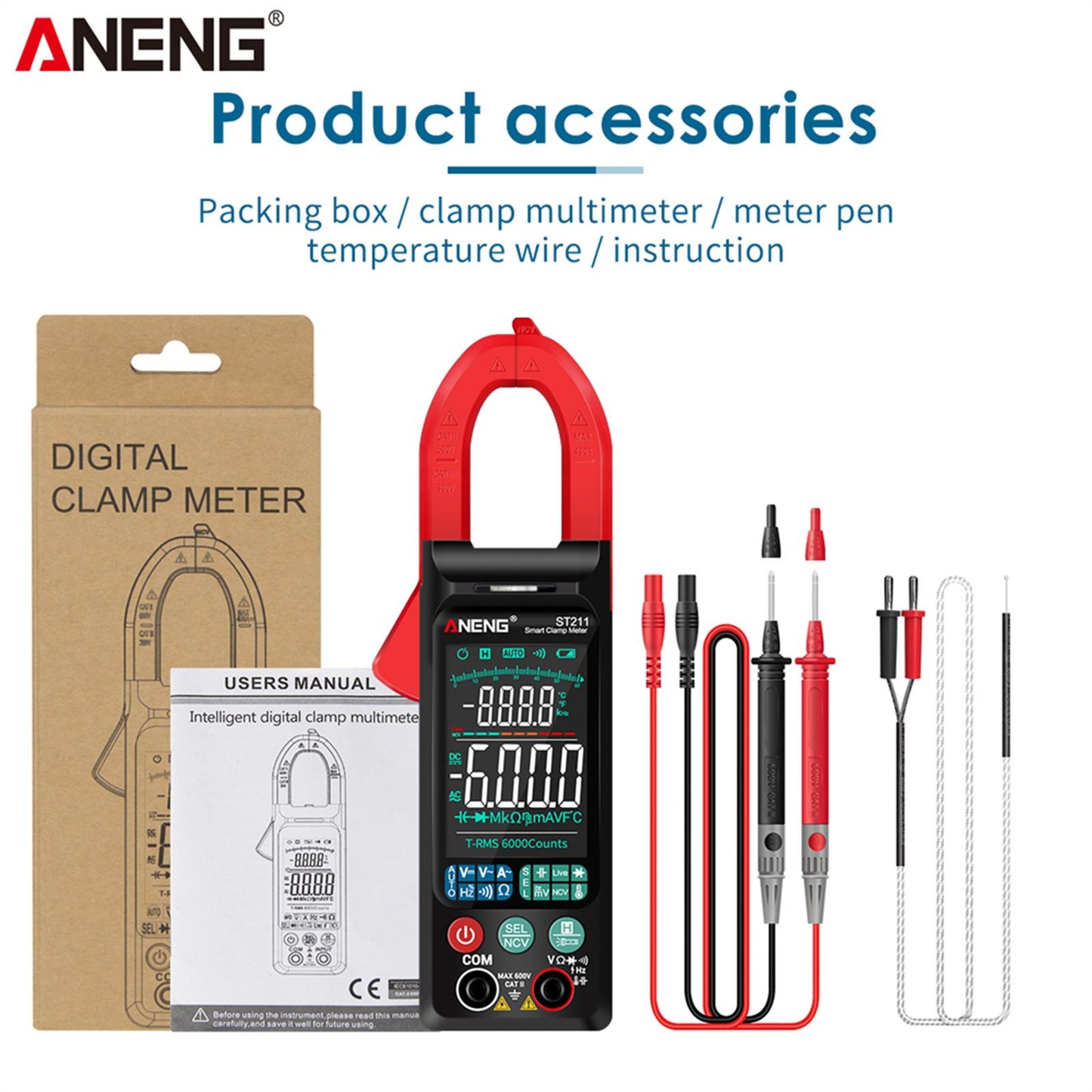ST211 Digital Clamp Meter Tester AC / DC Voltage Current 6000 Counts Red