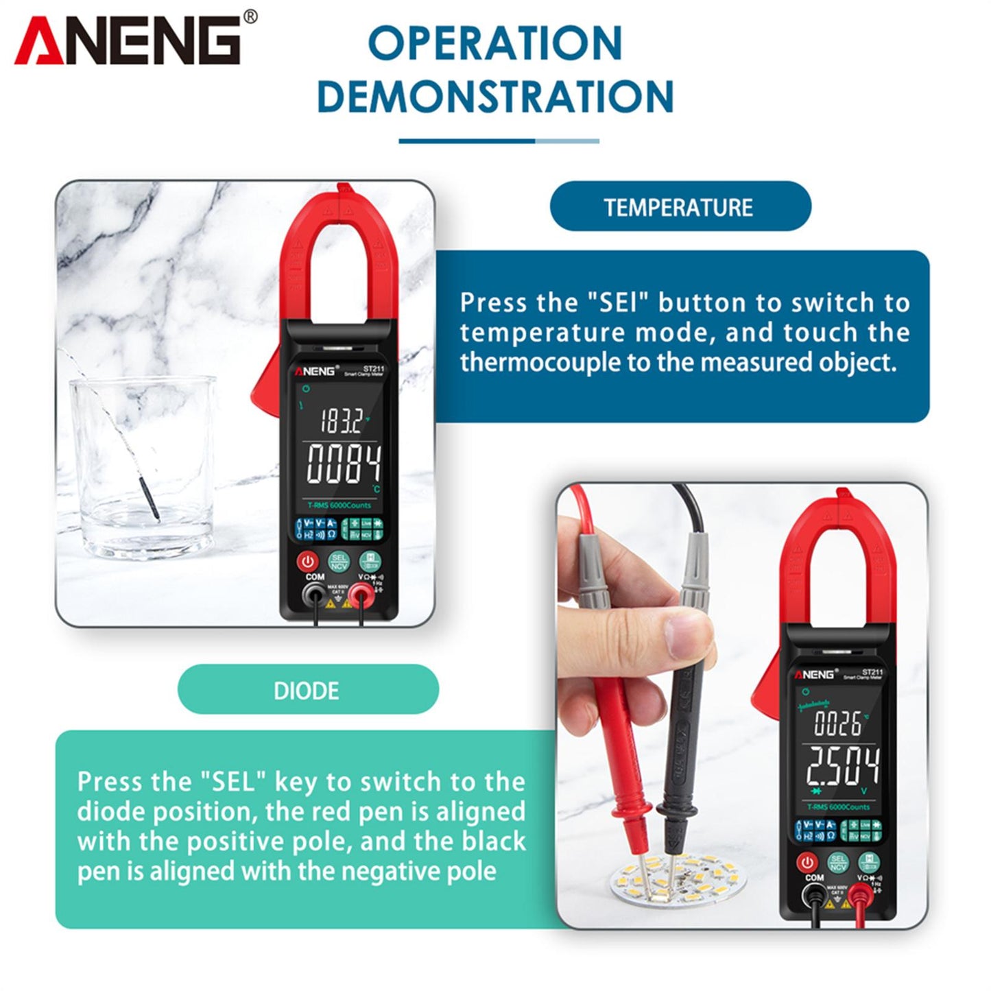 ST211 Digital Clamp Meter Tester AC / DC Voltage Current 6000 Counts Red