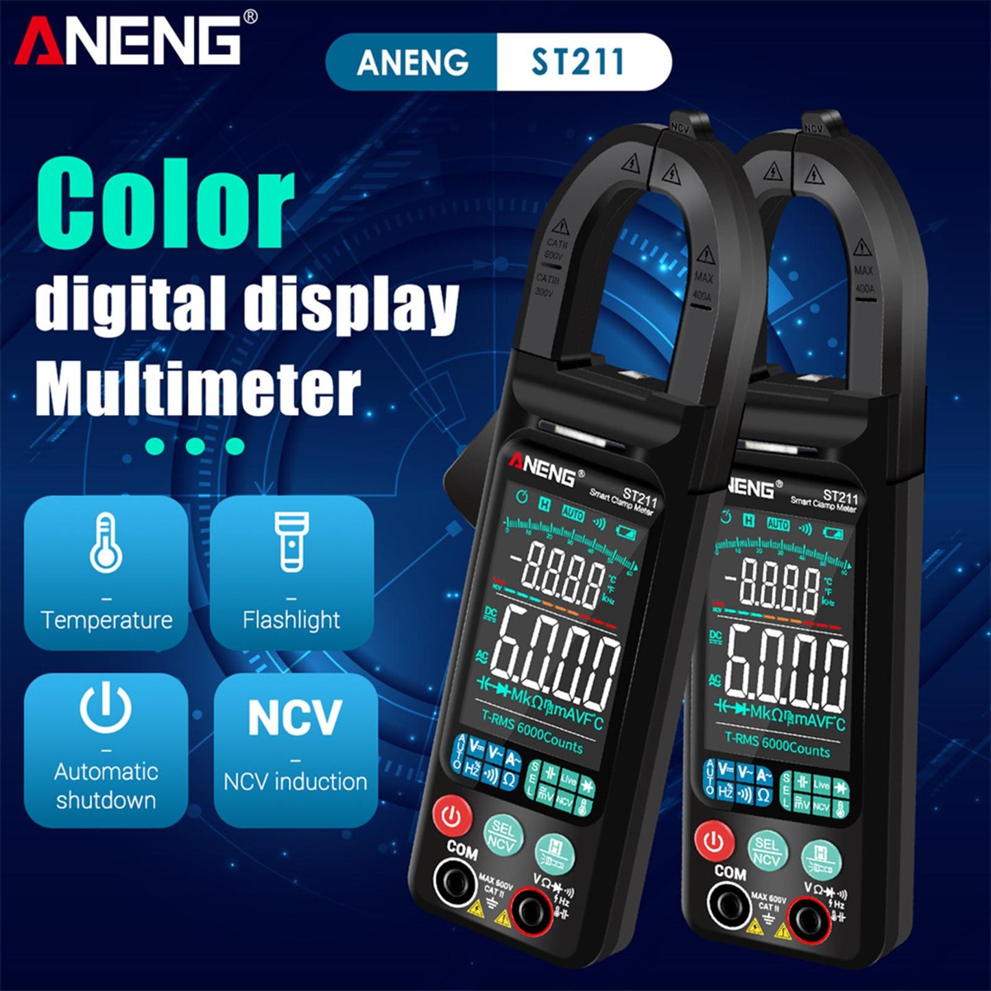 ST211 Digital Clamp Meter Tester AC / DC Voltage Current 6000 Counts Black