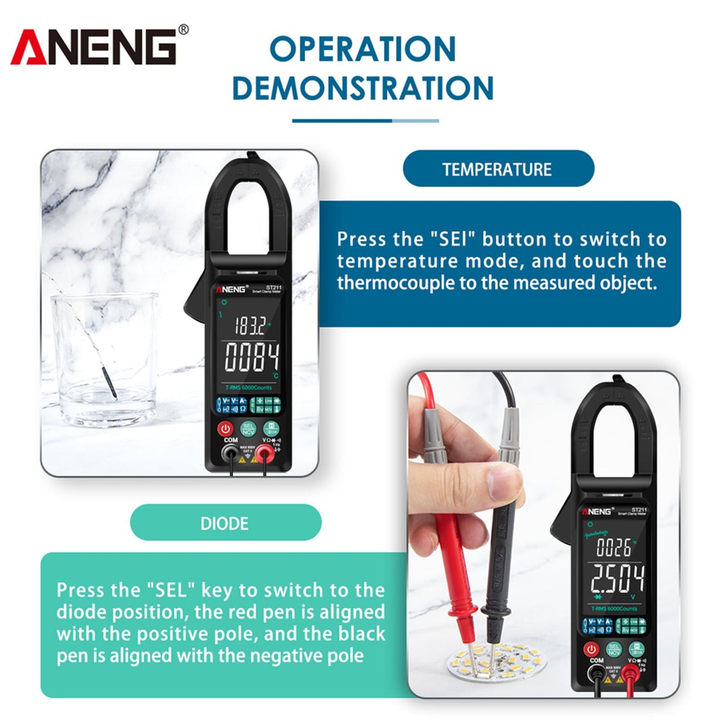 ST211 Digital Clamp Meter Tester AC / DC Voltage Current 6000 Counts Black