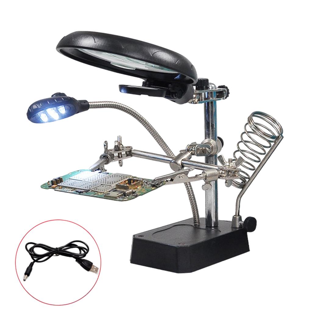 Magnifier With Helping Hand Soldering Stand HD Magnifying Glass 5 LED Light