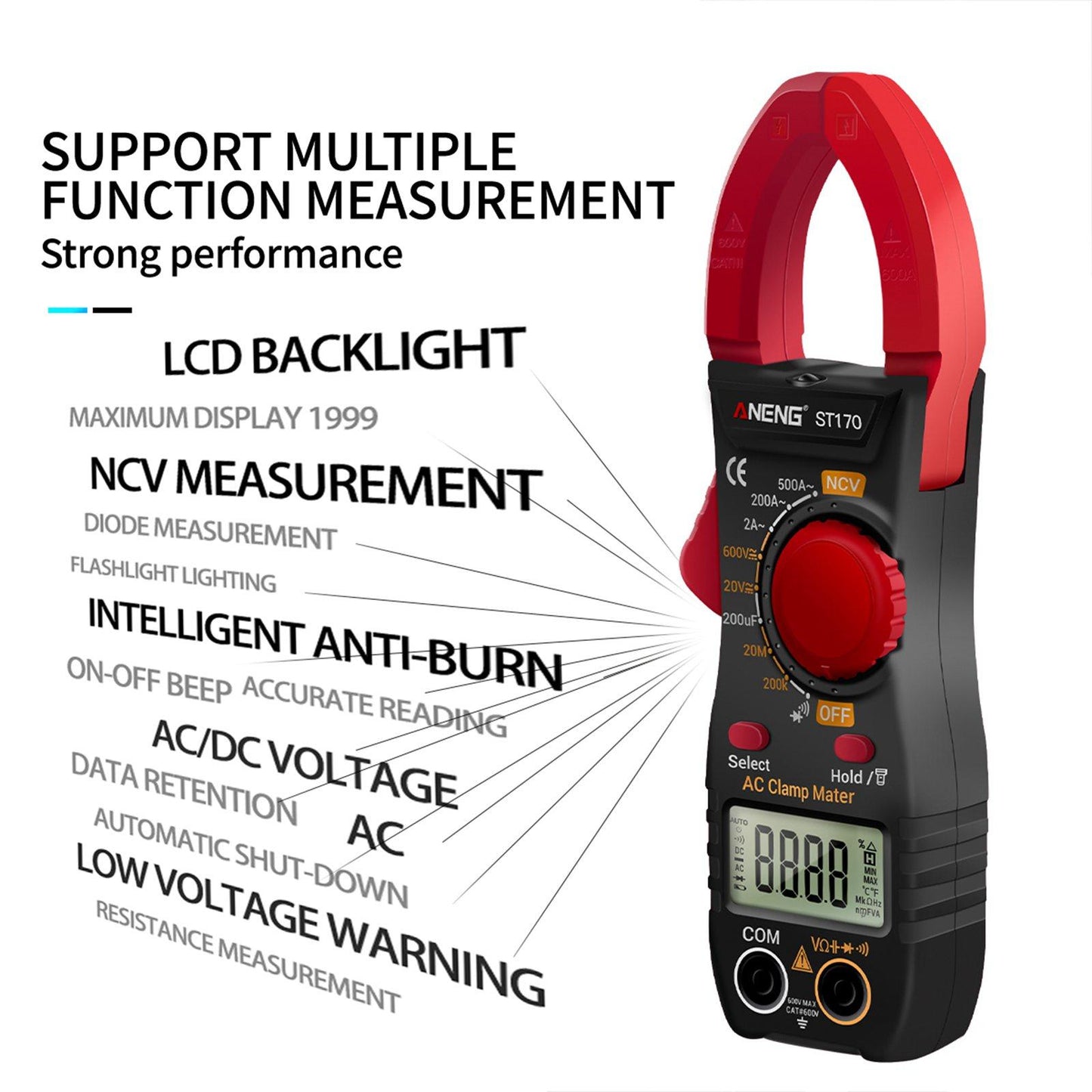 Handheld Clamp Meter Multimeter Digital Volt Current Tester LCD Screen Red