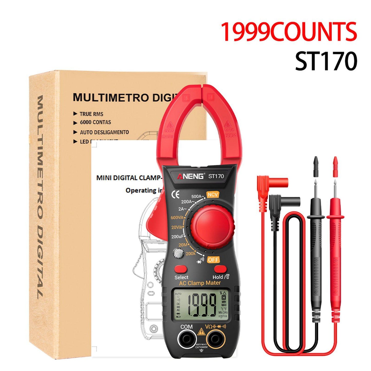 Handheld Clamp Meter Multimeter Digital Volt Current Tester LCD Screen Red
