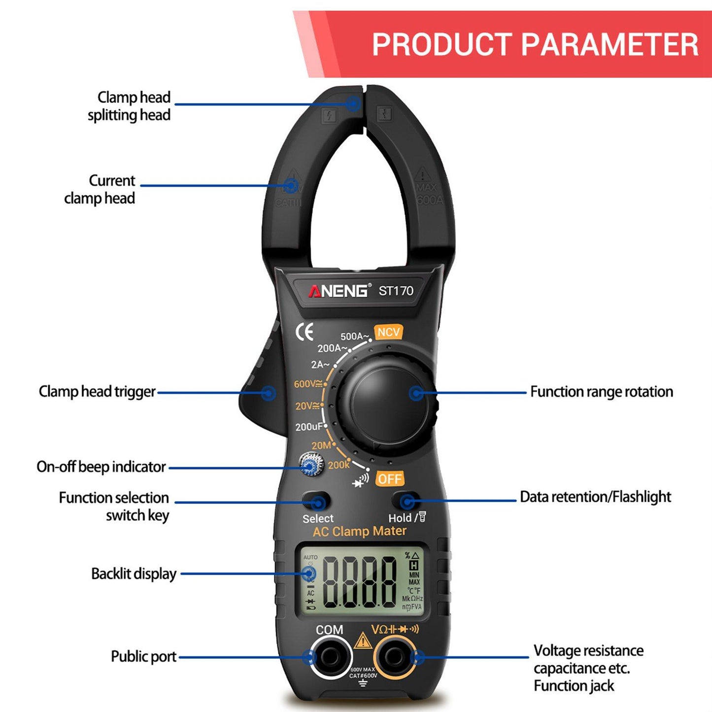 Handheld Clamp Meter Multimeter Digital Volt Current Tester LCD Screen Black