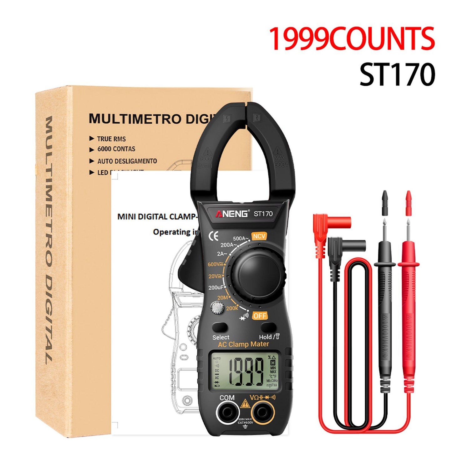 Handheld Clamp Meter Multimeter Digital Volt Current Tester LCD Screen Black
