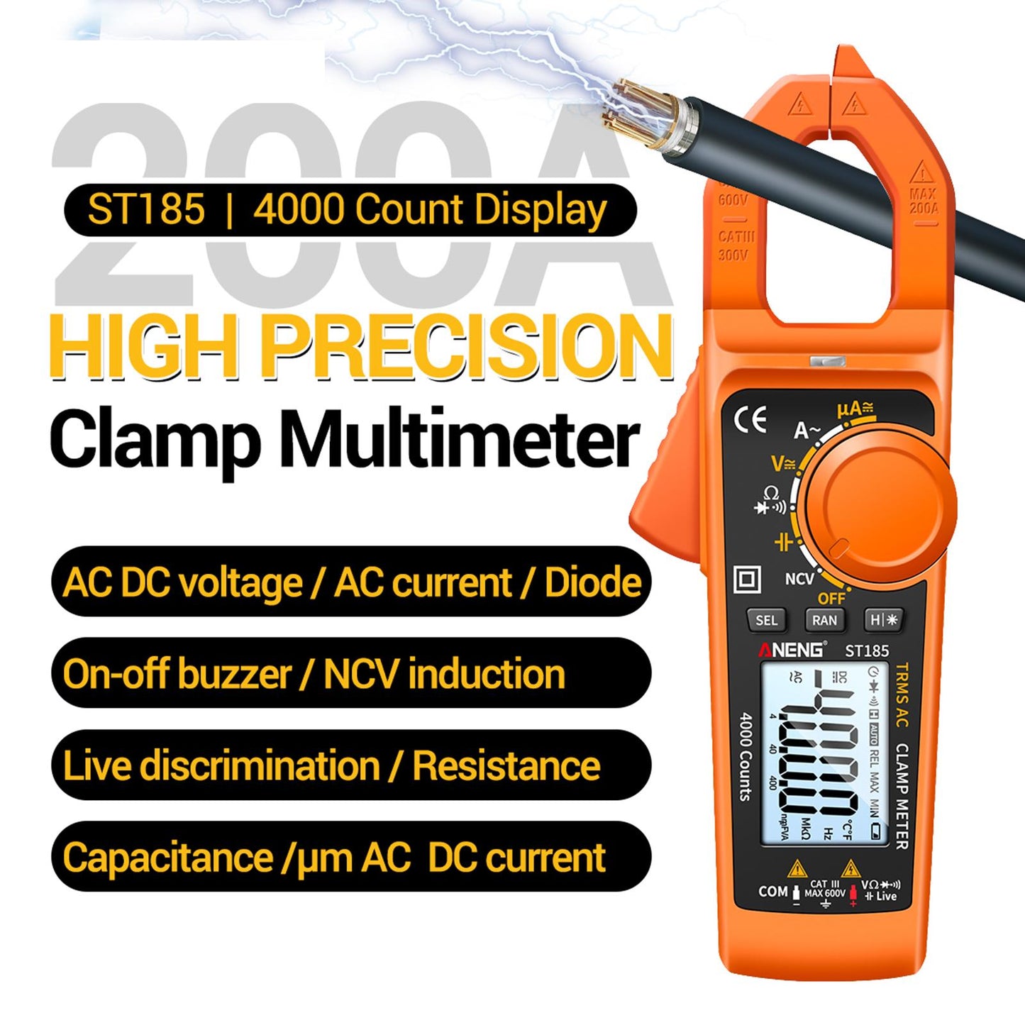 Clamp Meter Multimeter Digital Volt Current Tester LCD Screen Orange