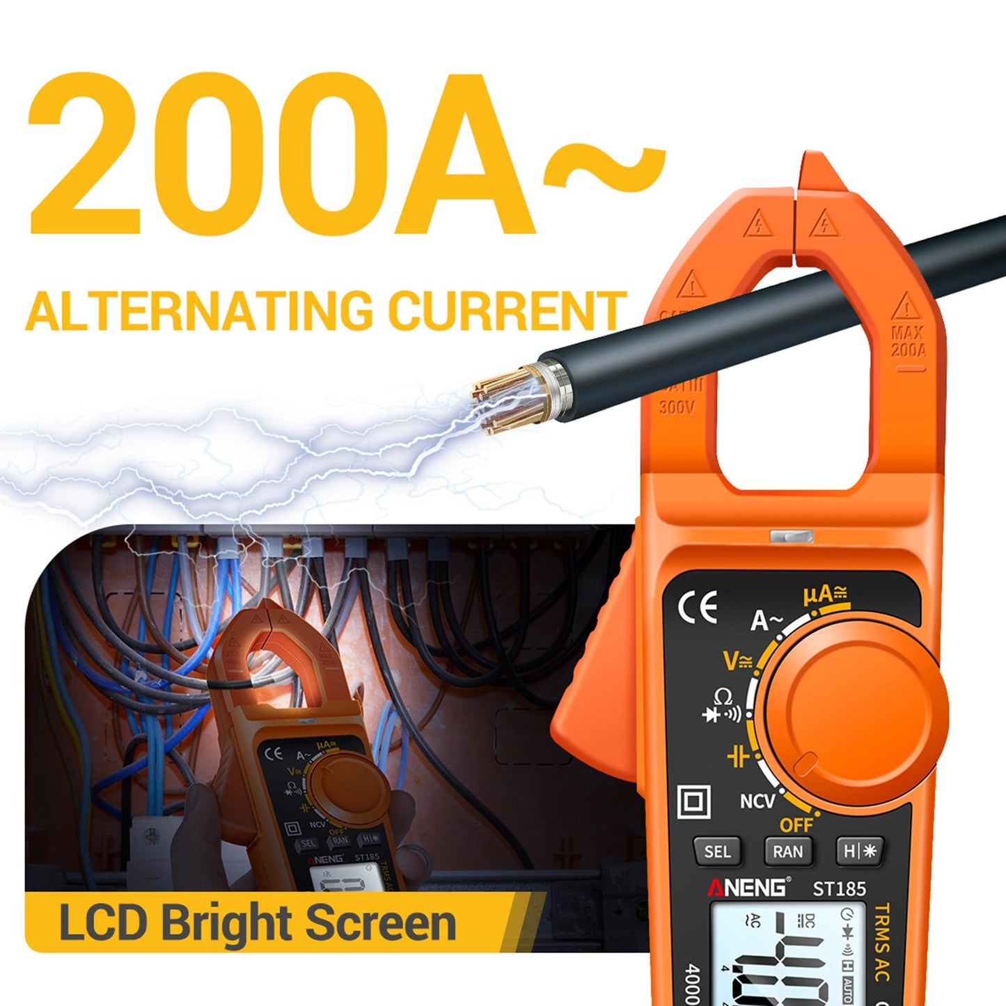 Clamp Meter Multimeter Digital Volt Current Tester LCD Screen Orange