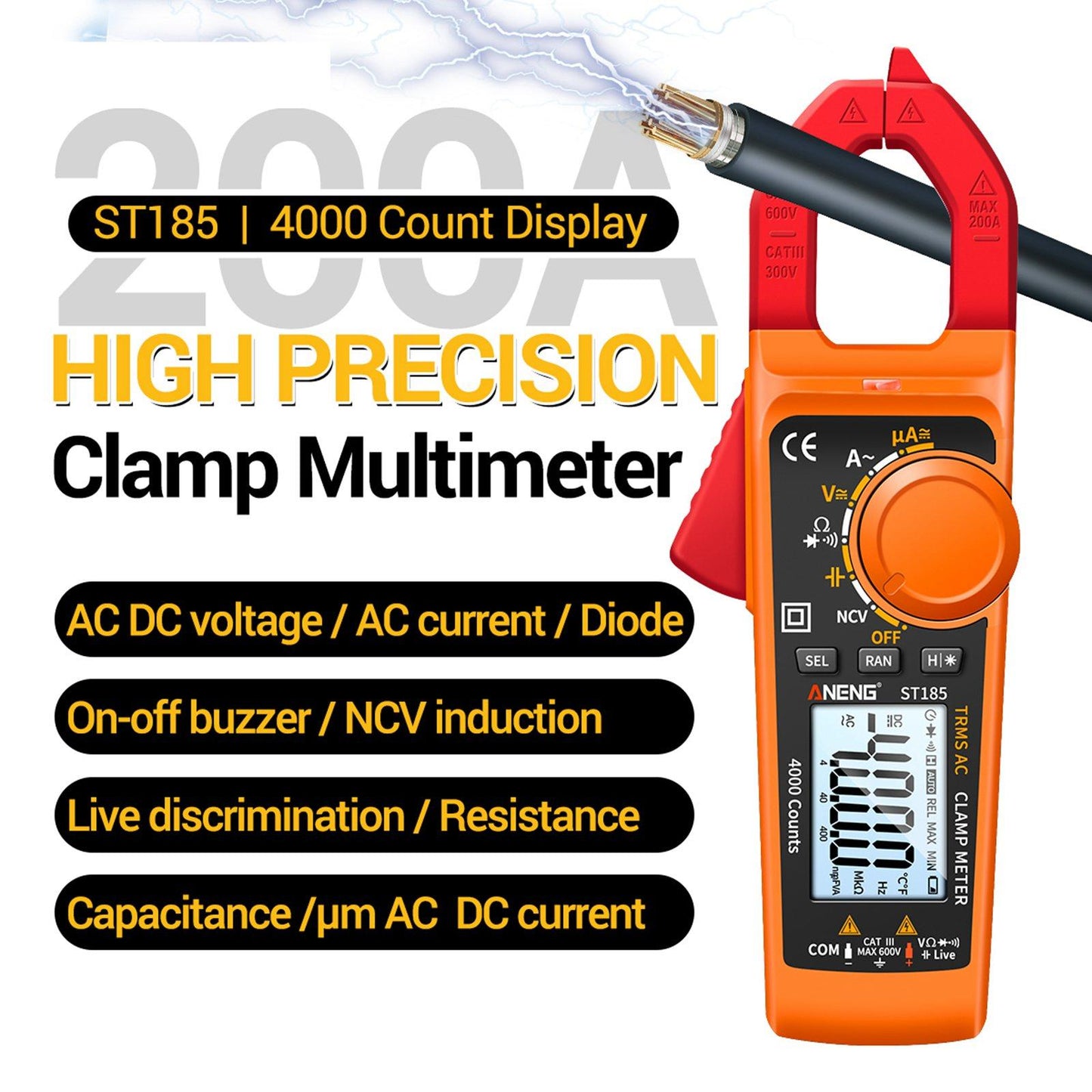 Clamp Meter Multimeter Digital Volt Current Tester LCD Screen Orange and Red