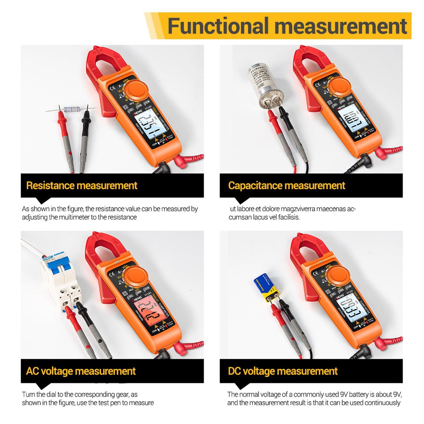 Clamp Meter Multimeter Digital Volt Current Tester LCD Screen Orange and Red