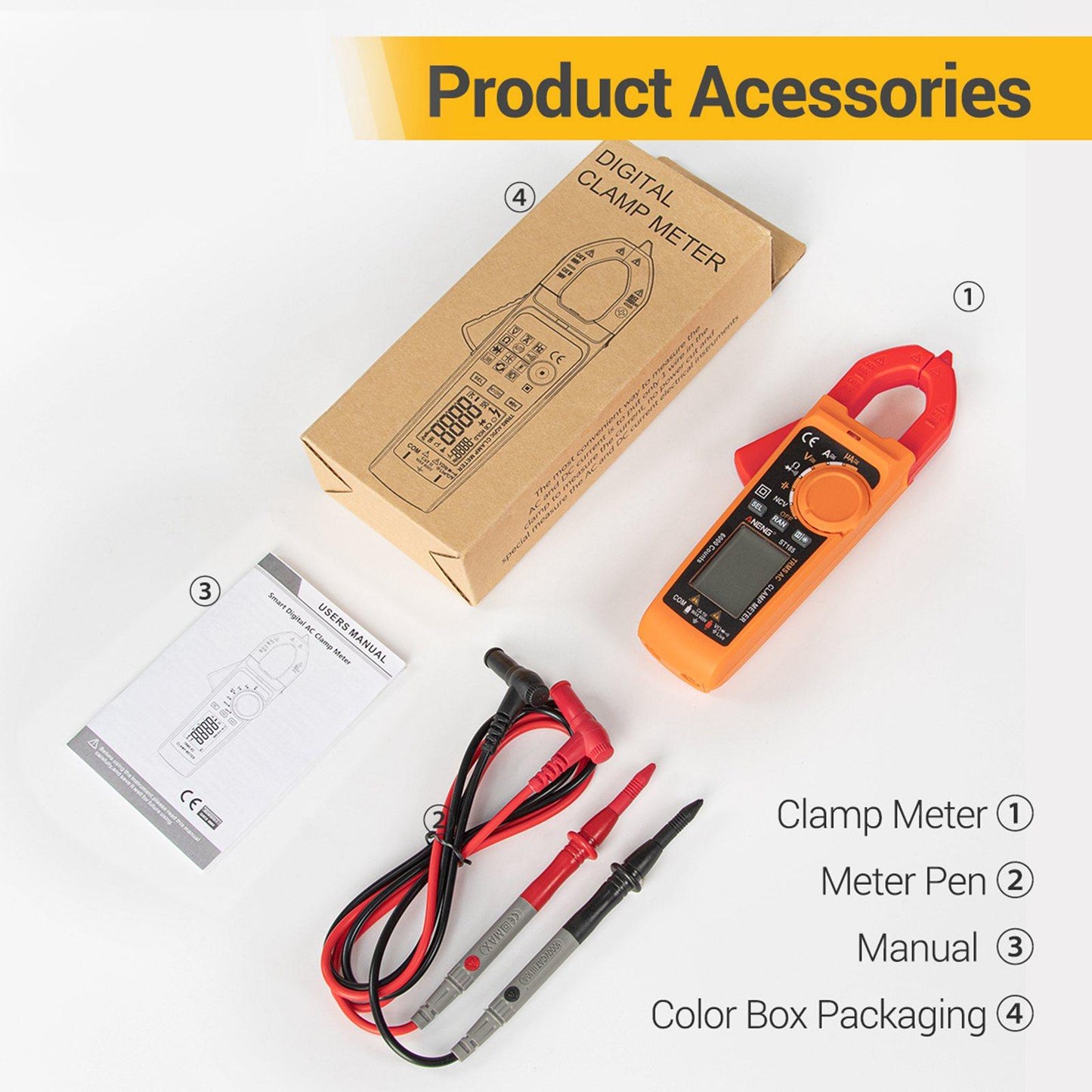 Clamp Meter Multimeter Digital Volt Current Tester LCD Screen Orange and Red