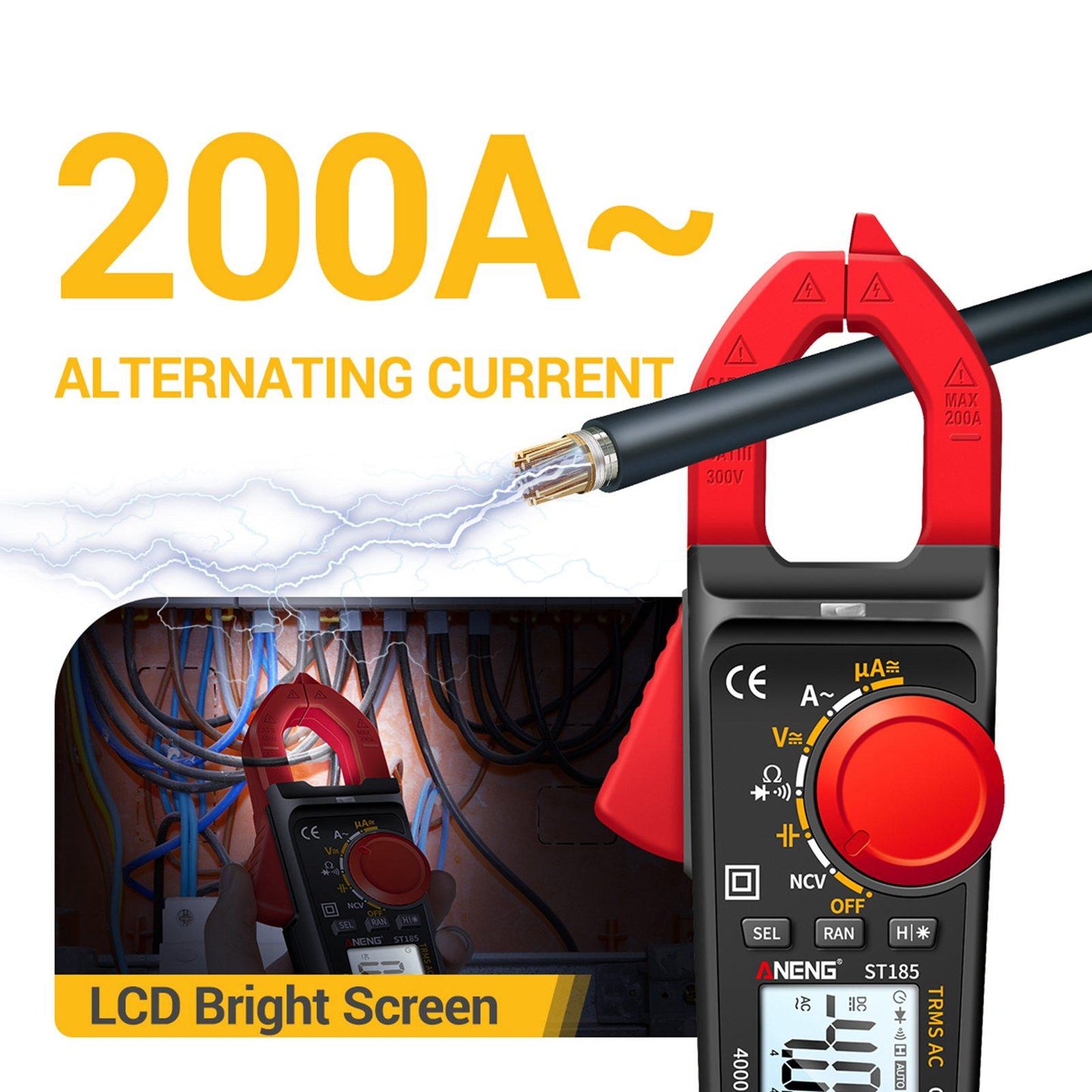 Clamp Meter Multimeter Digital Volt Current Tester LCD Screen Black and Red