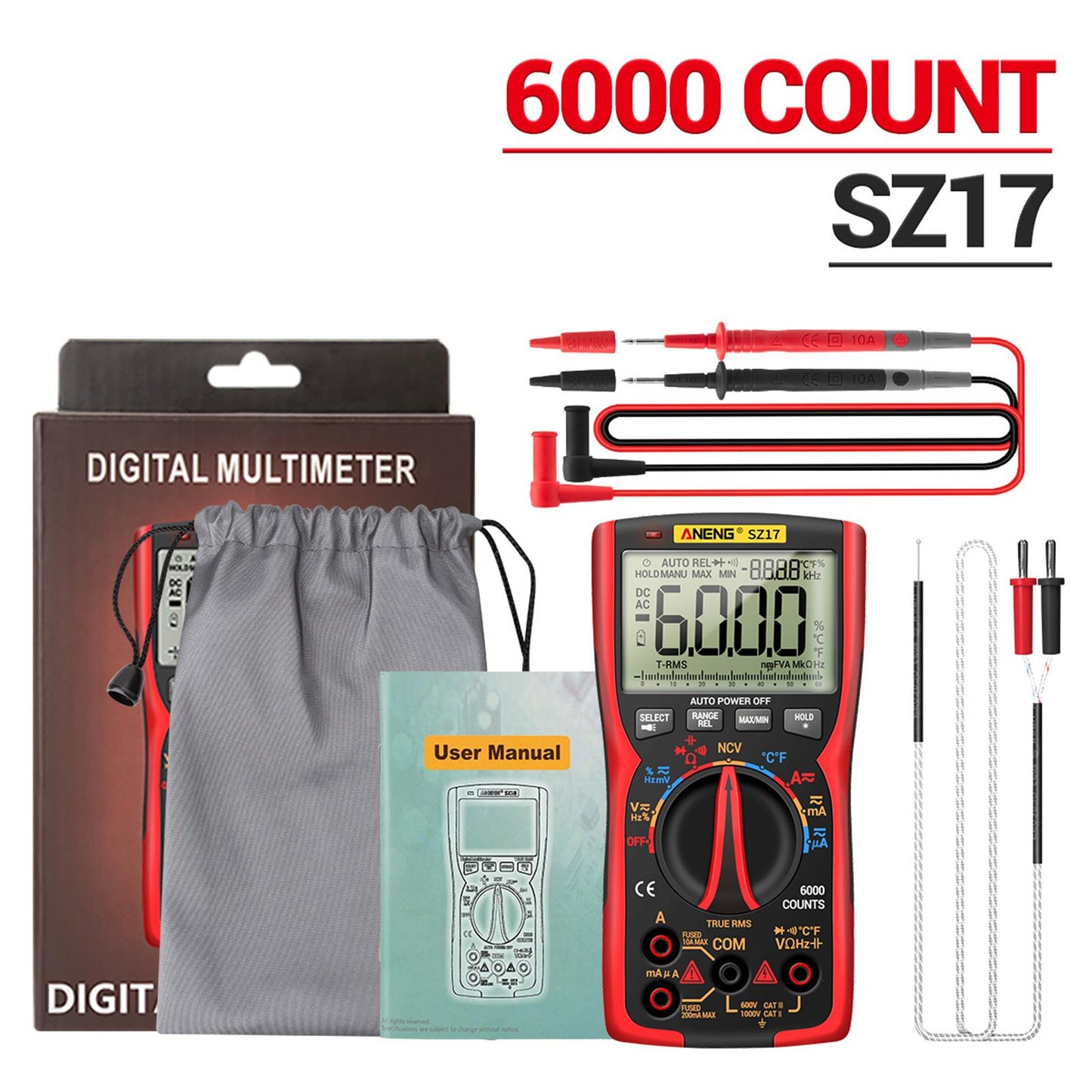 Digital Multimeter DC AC Voltmeter Resistance Detector Red SZ17