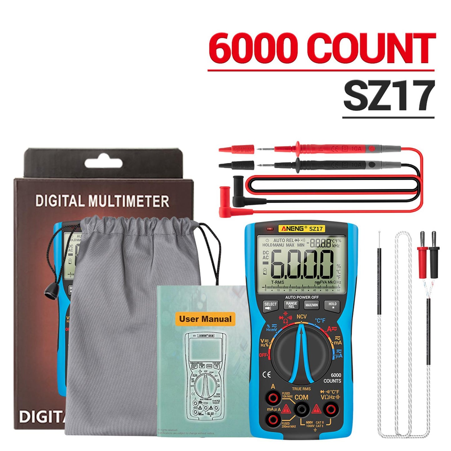 Digital Multimeter DC AC Voltmeter Resistance Detector Blue SZ17