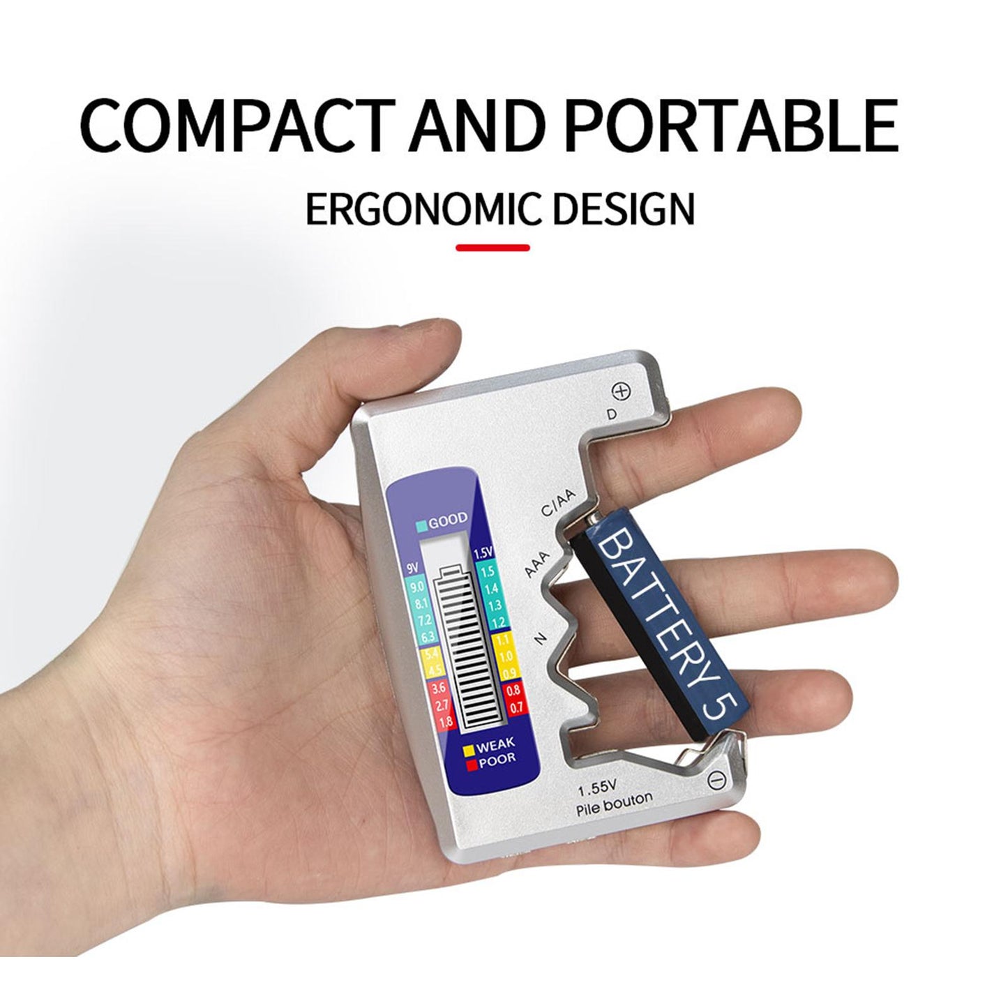Universal Battery Tester convenient for C D N AA AAA 9V 1.5V Button Cell Silver
