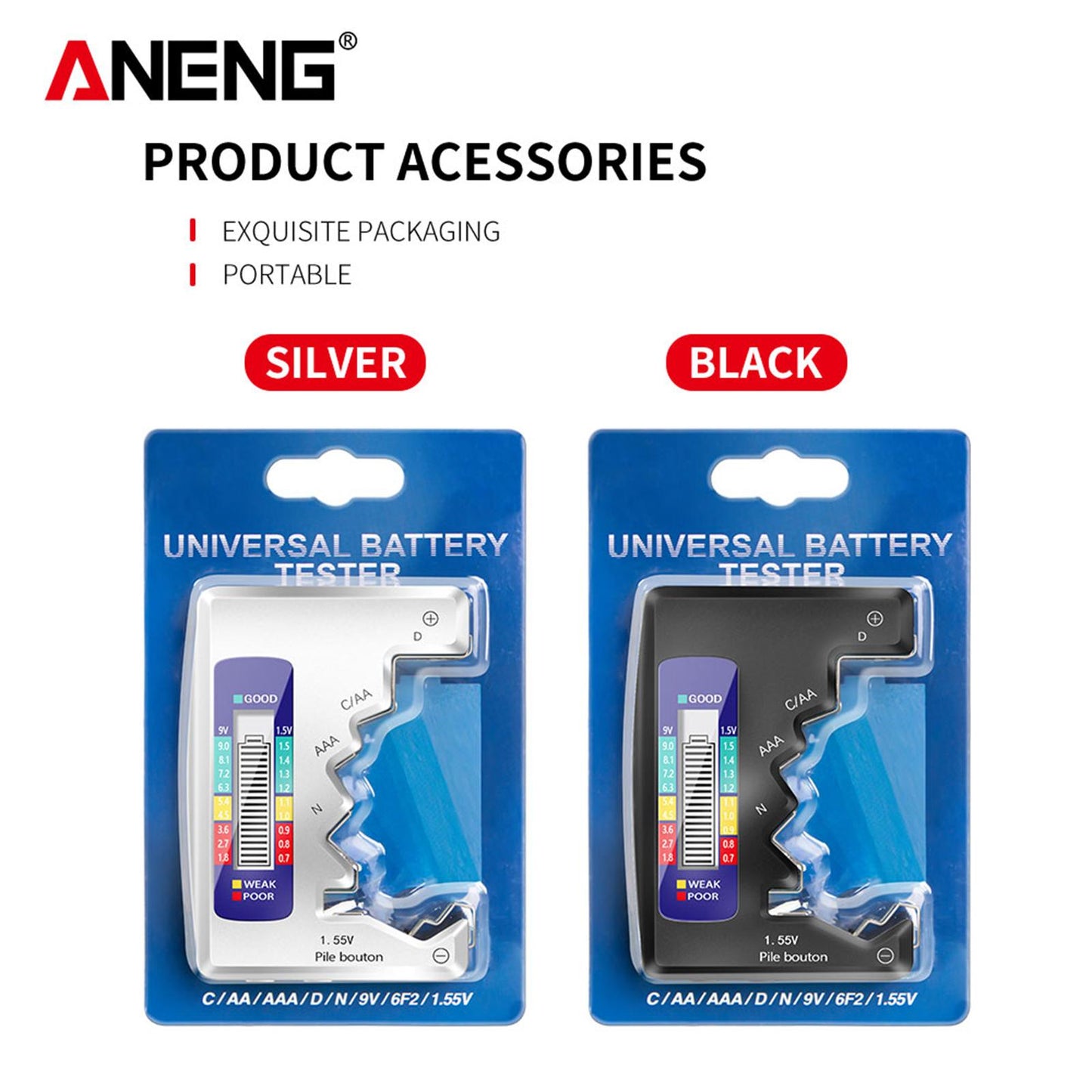 Universal Battery Tester convenient for C D N AA AAA 9V 1.5V Button Cell Silver