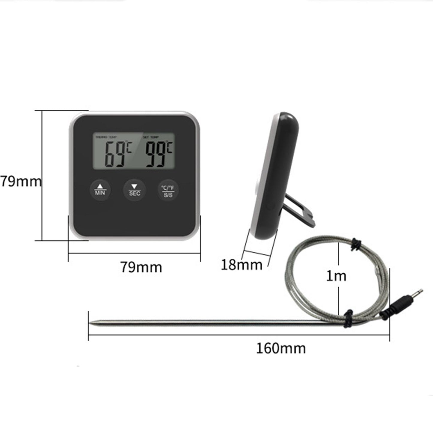 Meat Thermometer Accurate Long Probe with Timer for Cooking Oven black