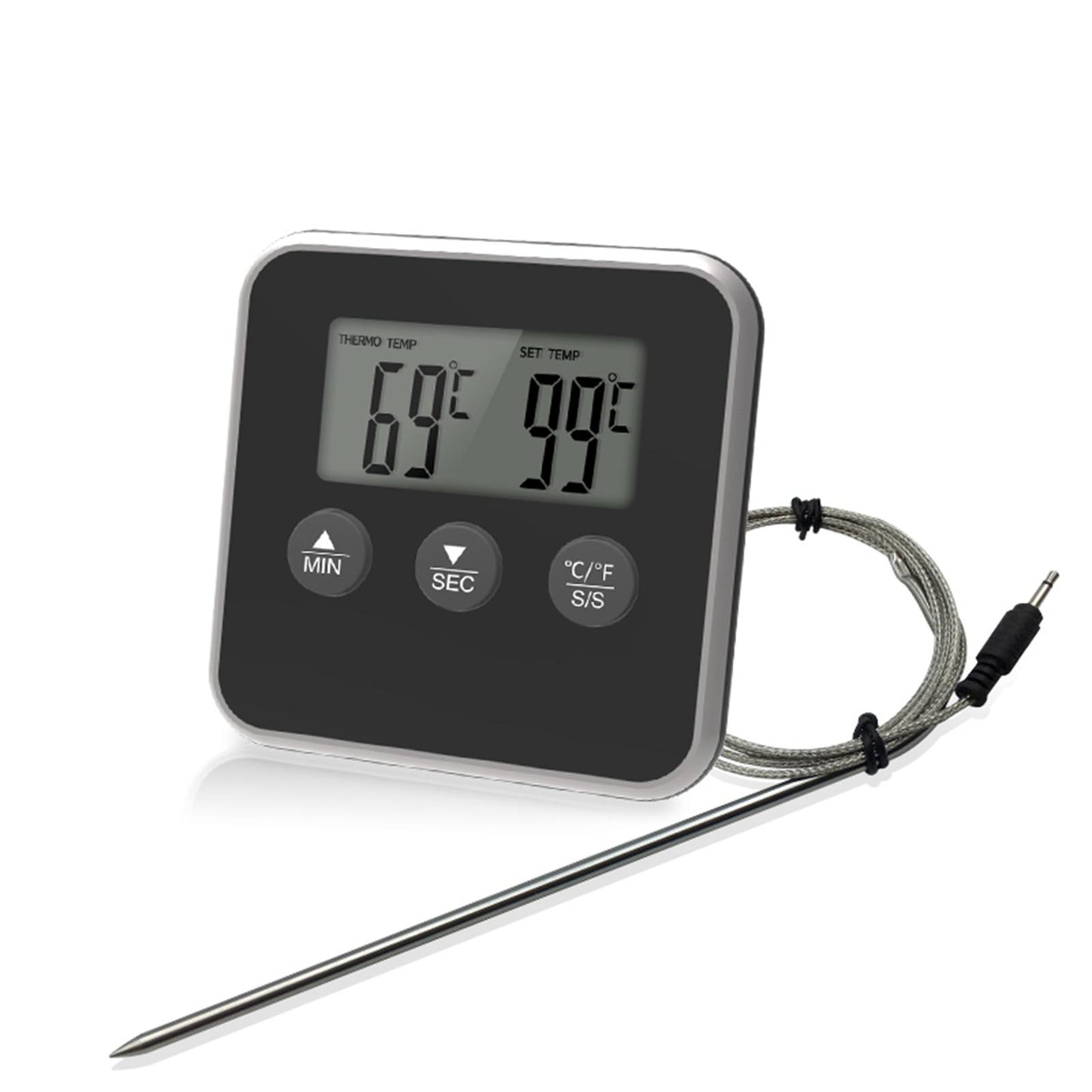 Meat Thermometer Accurate Long Probe with Timer for Cooking Oven black