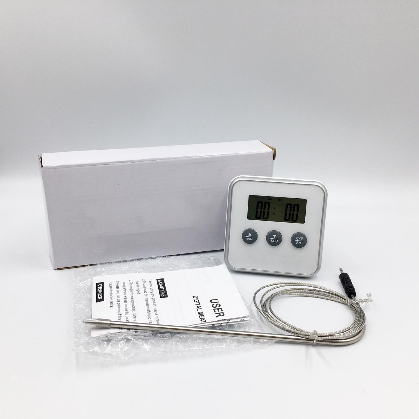 Meat Thermometer Accurate Long Probe with Timer for Cooking Oven white