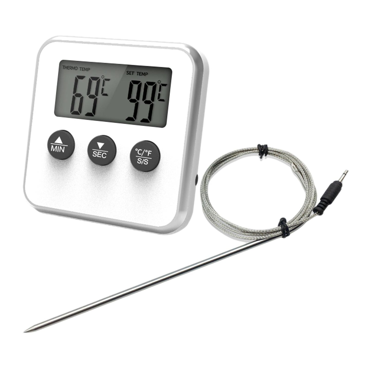 Meat Thermometer Accurate Long Probe with Timer for Cooking Oven white