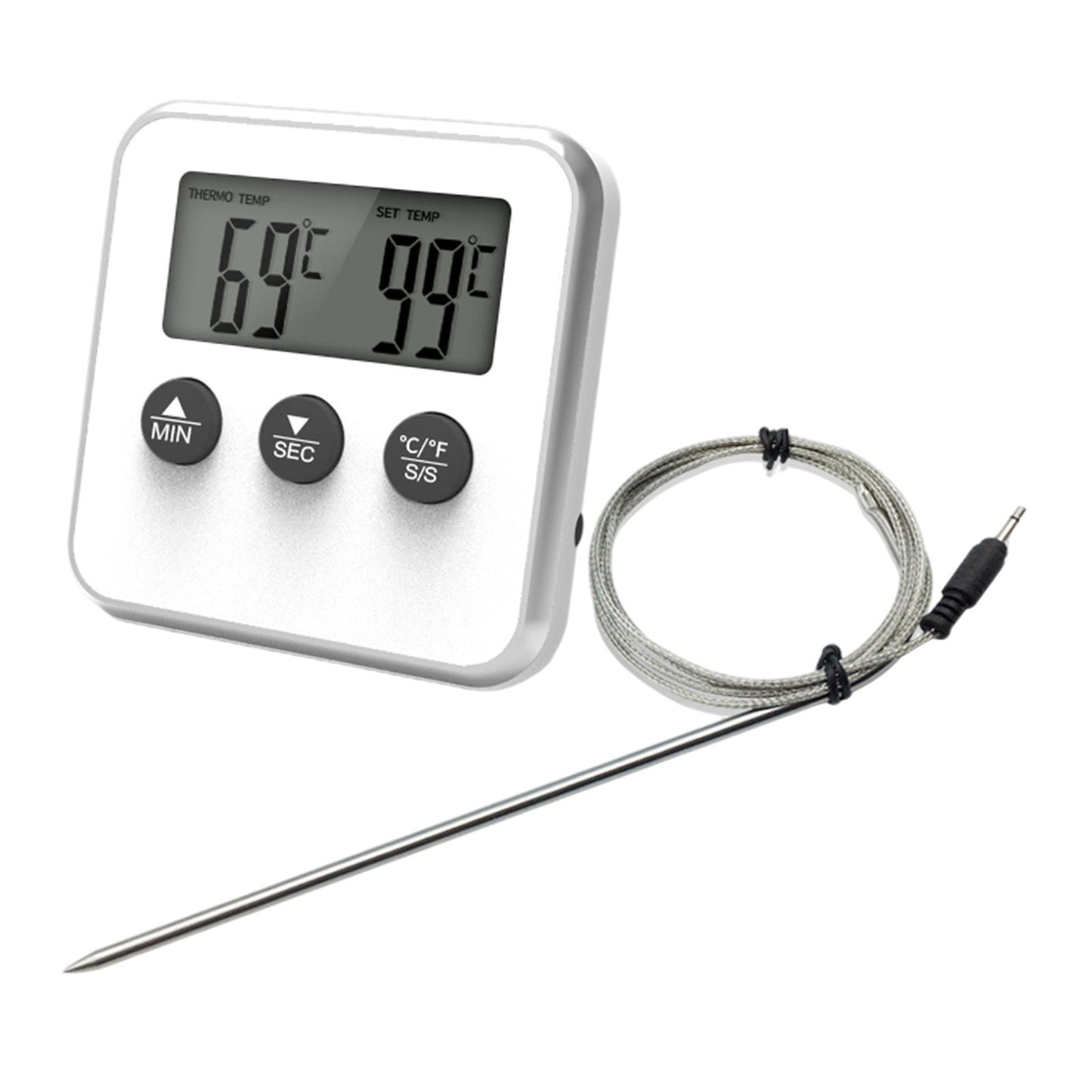 Meat Thermometer Accurate Long Probe with Timer for Cooking Oven white