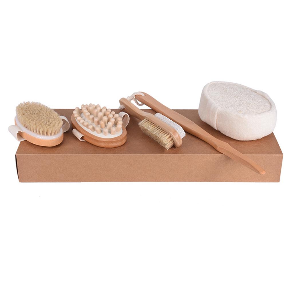 Exfoliating Bath Body Brush Set Natural Boar Bristle Wooden Brush Massager