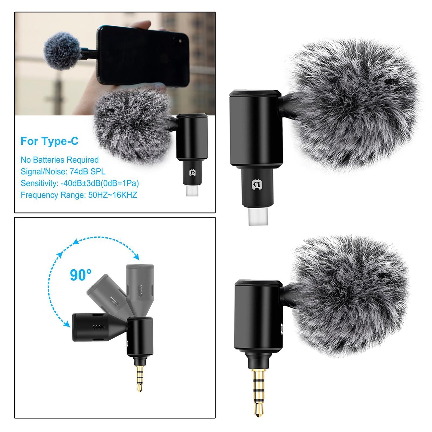 Condenser Microphone Phone Mic Plug and Play for iPhone Black USB Type C