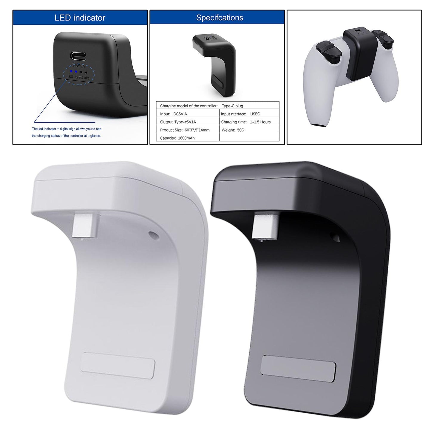 1800mAh Charging Kit Battery Charger w/LED Indicator For PS5 Handle White