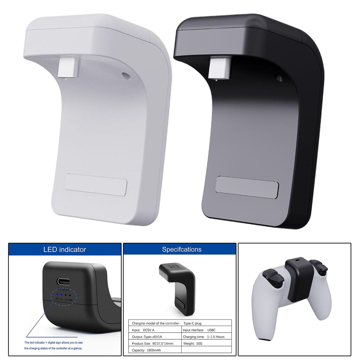 1800mAh Charging Kit Battery Charger w/LED Indicator For PS5 Handle White