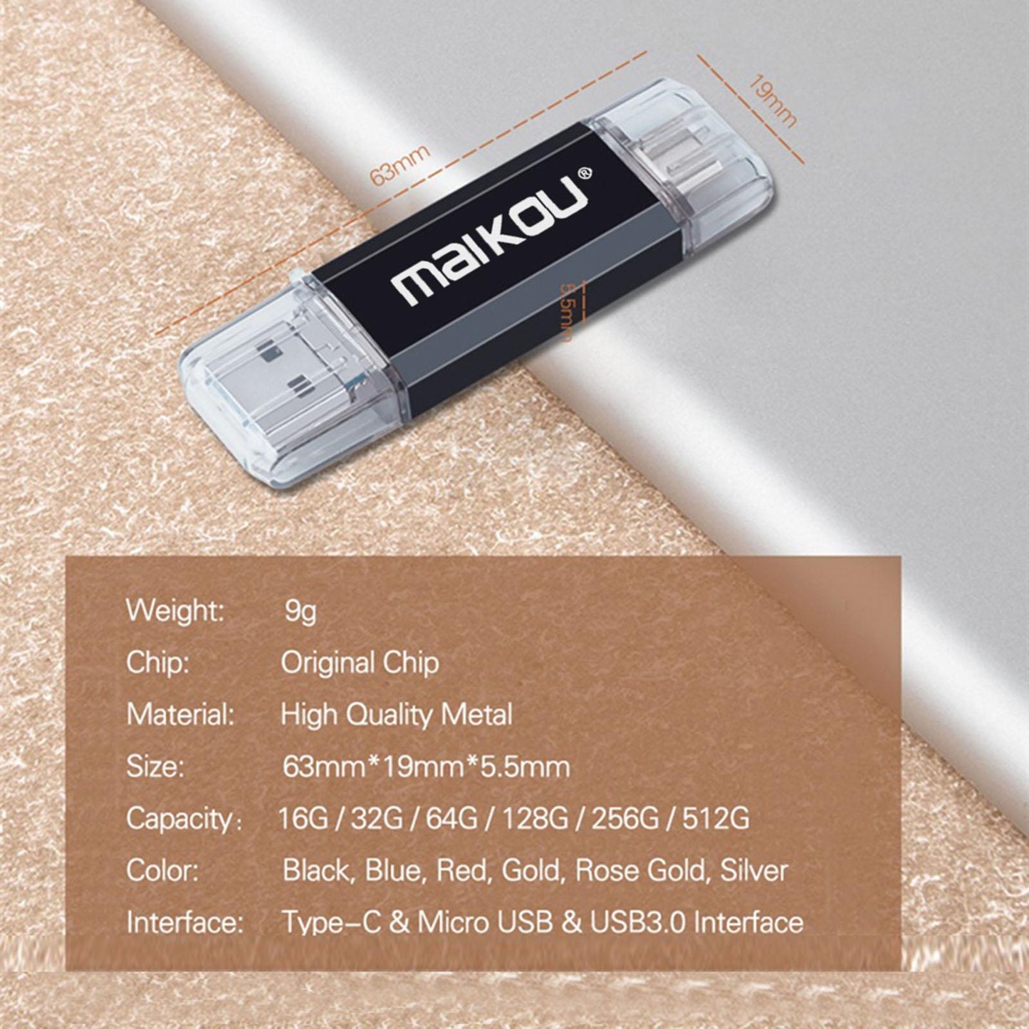 Portable 3 in 1 64GB USB 3.0 Flash Drive Type-C&Micro USB Memory Stick Red