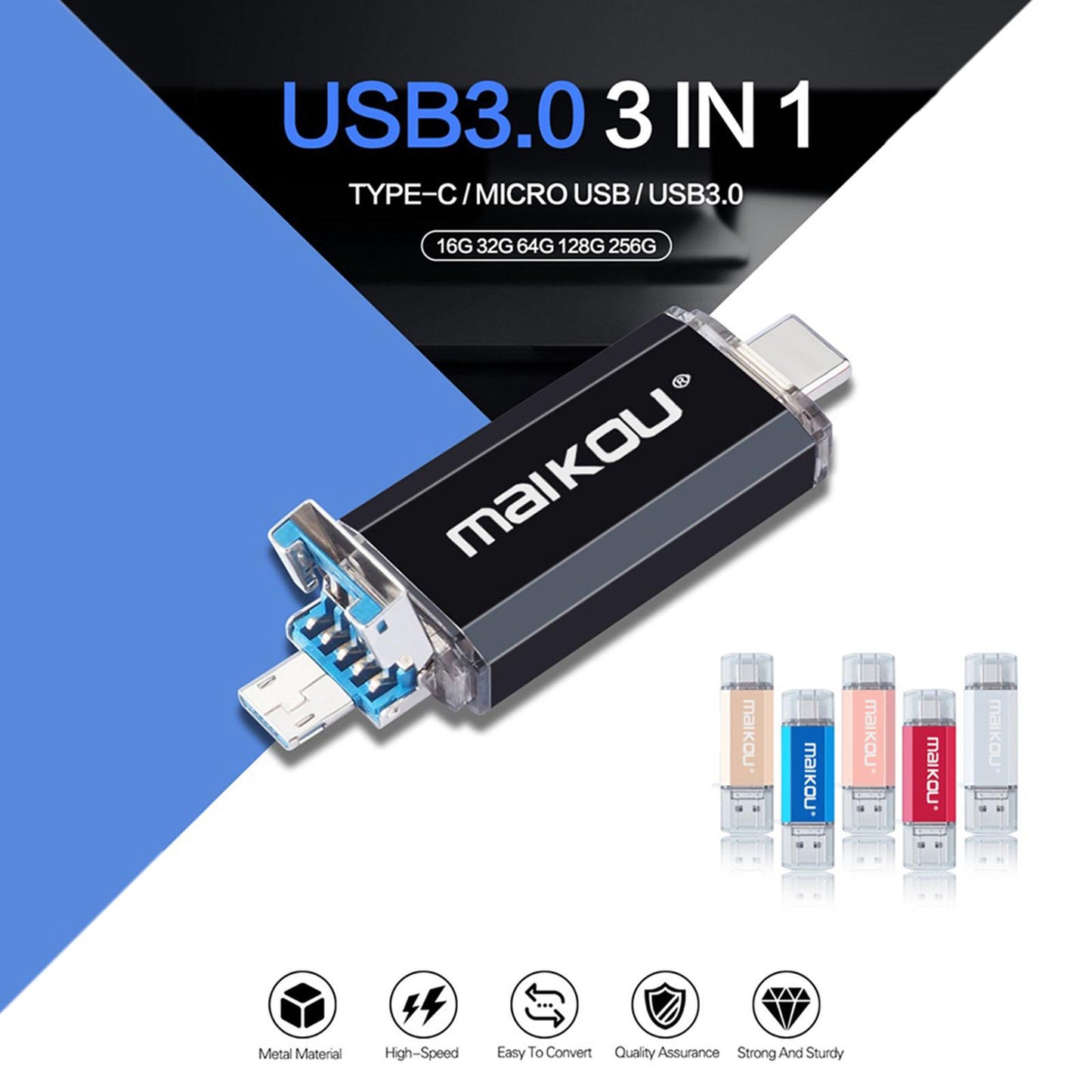 Portable 3 in 1 64GB USB3.0 Flash Drive Type-C&Micro USB Memory Stick Black