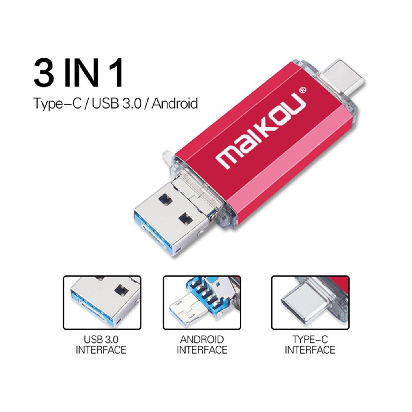 Portable 3 in 1 64GB USB3.0 Flash Drive Type-C&Micro USB Memory Stick Black