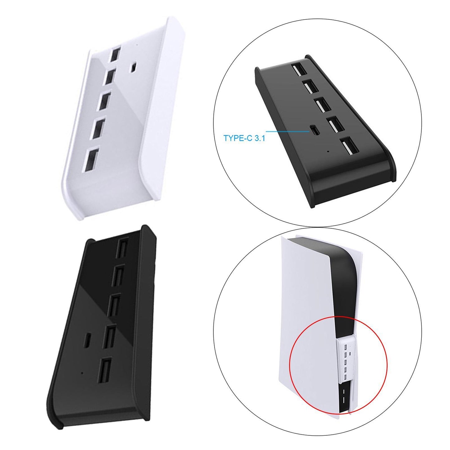 5 Port USB Hub for Game Console USB 2.0 Expansion Hub Splitter Adapter Parts White