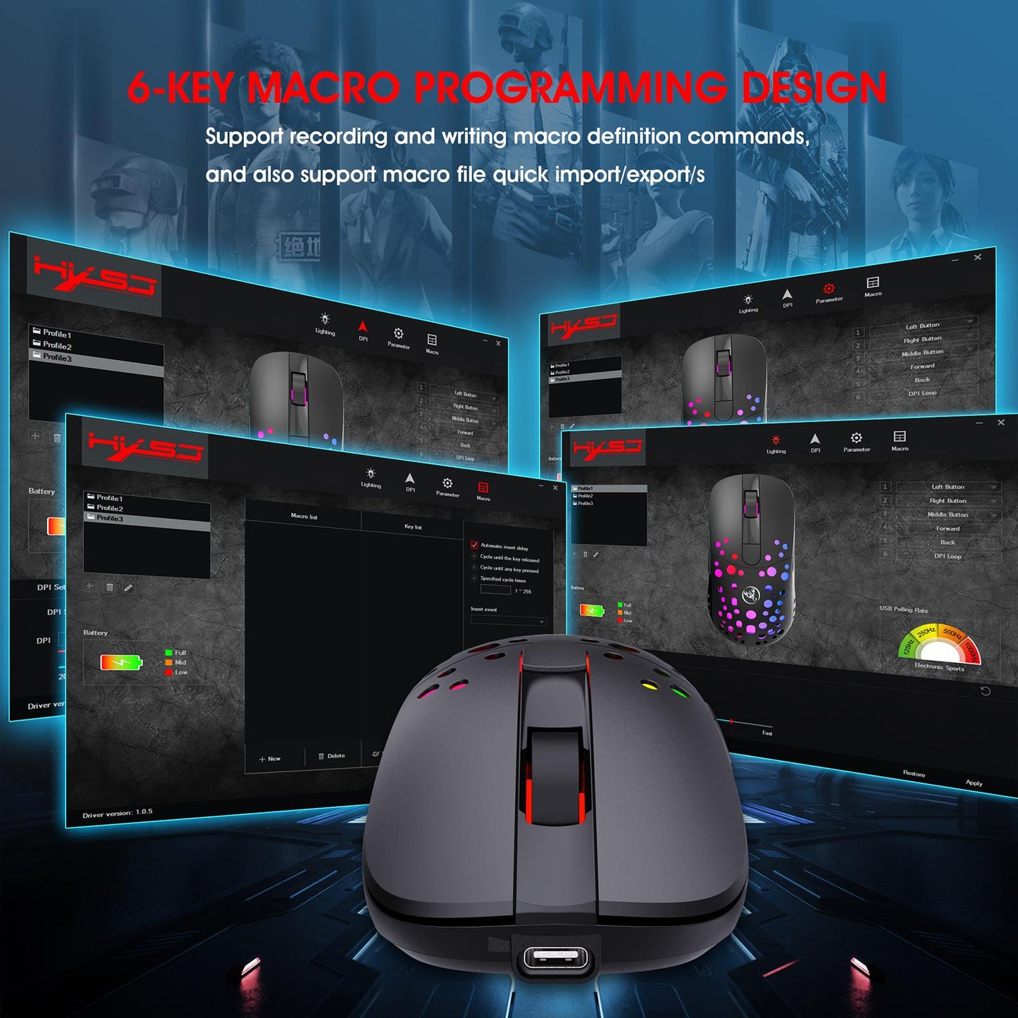 Wireless/Wired Mouse Rechargeable with 6 Buttons Adjustable DPI 550mAh