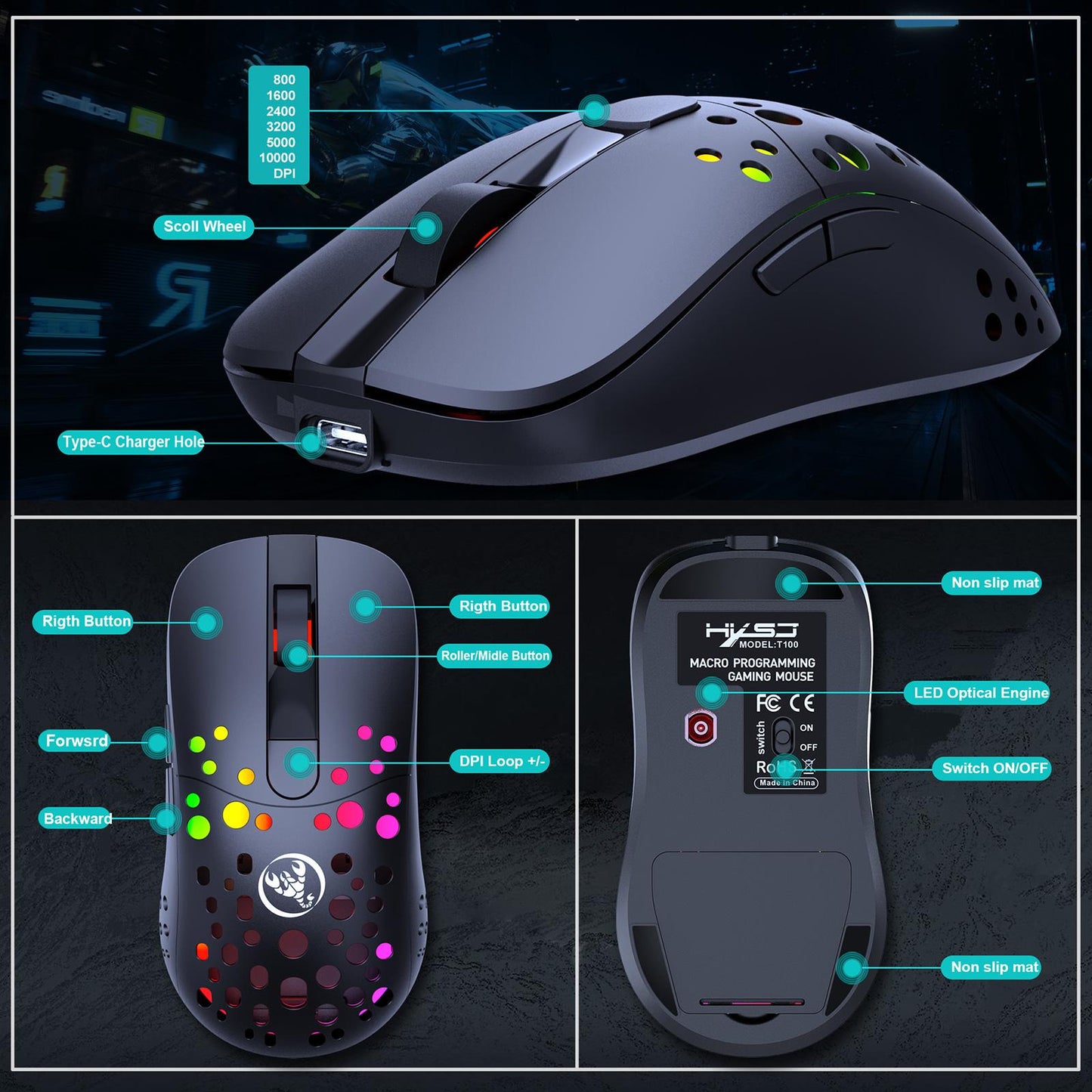 Wireless/Wired Mouse Rechargeable with 6 Buttons Adjustable DPI 550mAh