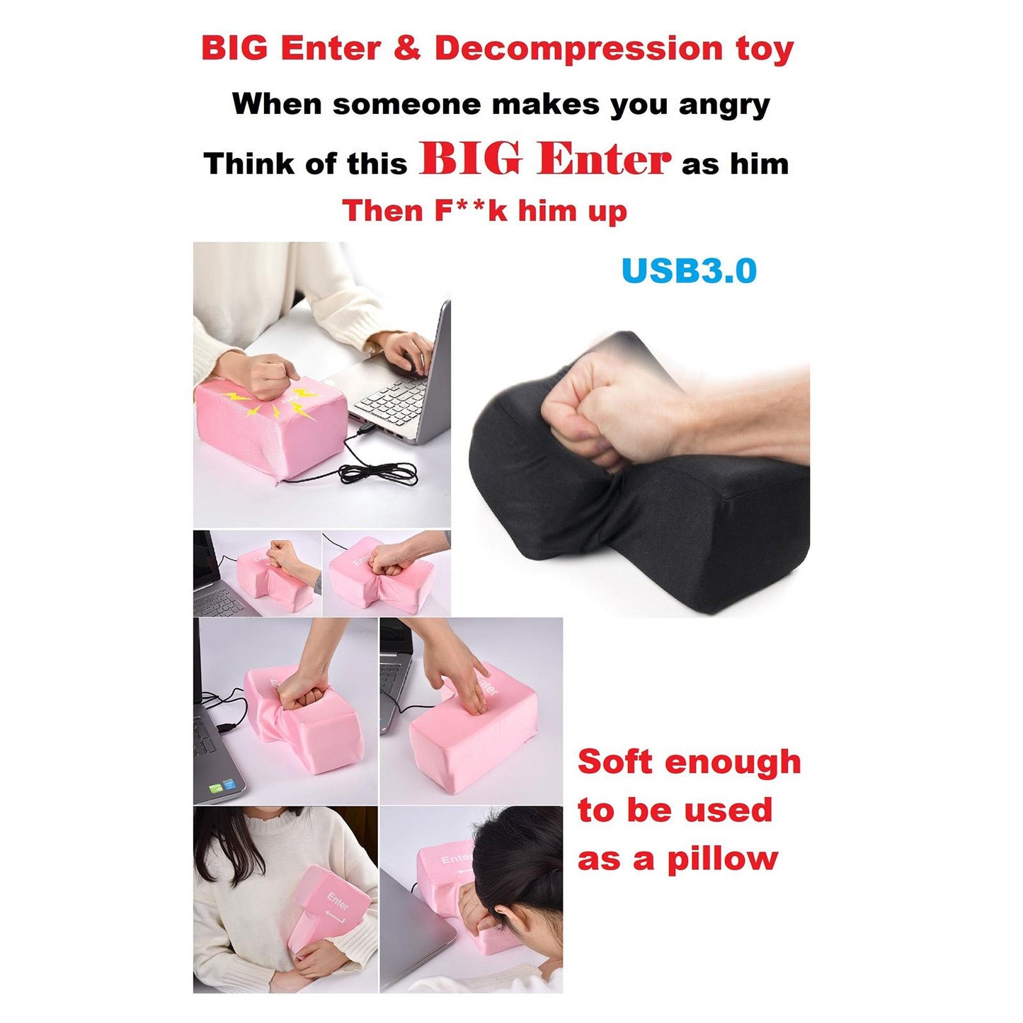 USB3.0 Enter Key Cotton Decompression Toy Gift for Kids Adults Working Pink