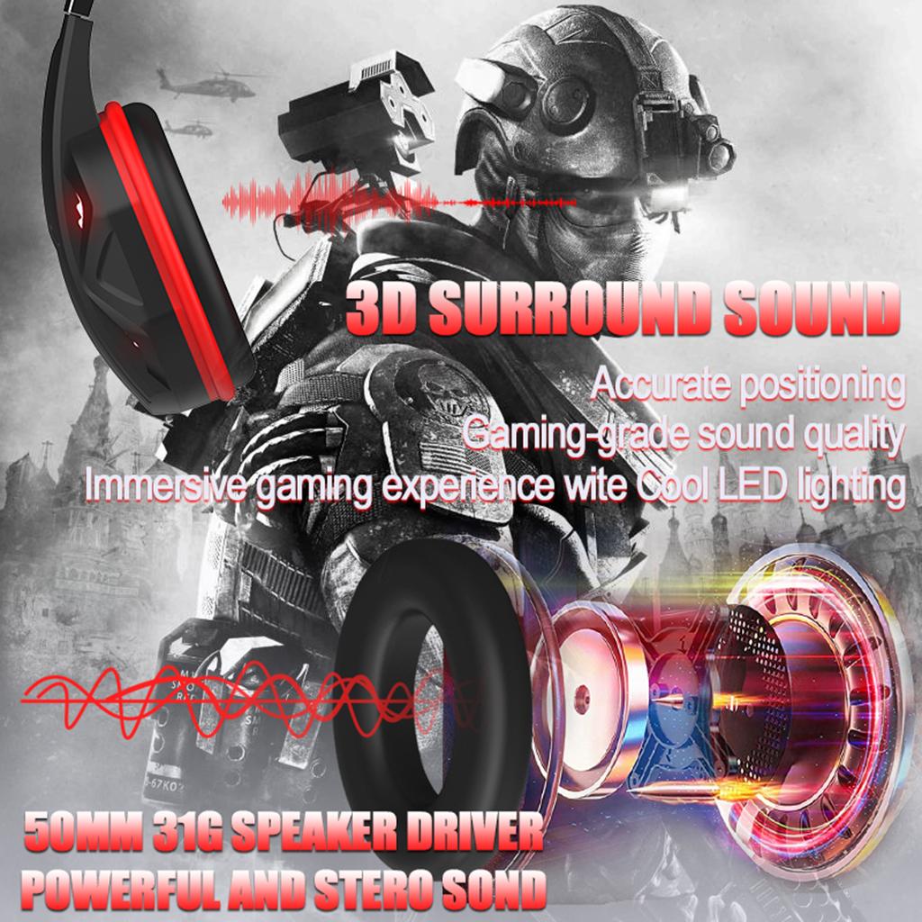 Over Ear Gaming Headset with MIC Headphone Soft Earmuffs Volume Control Red