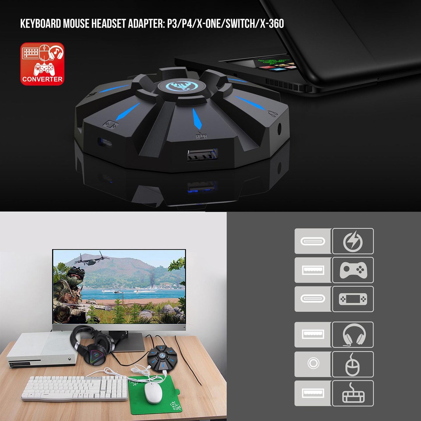 USB Gaming Keyboard Mouse Console Adapter Support Headset w/ LED Indicator
