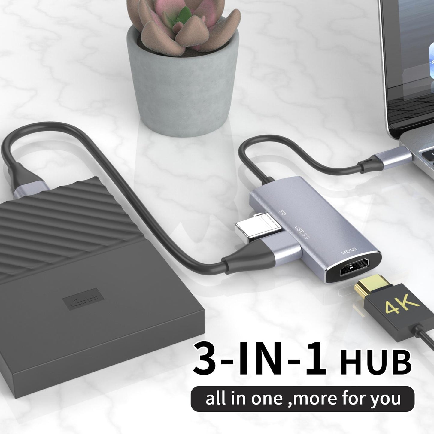 3-in-1 USB-C Hub Extender 5Gb/s for Nitendo Switch for Macbook Laptops Grey