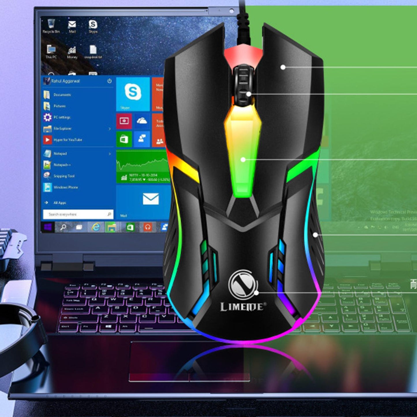 E-Sports USB Luminous Wired Gaming Mouse 2400 DPI PC Gamer Mice Black