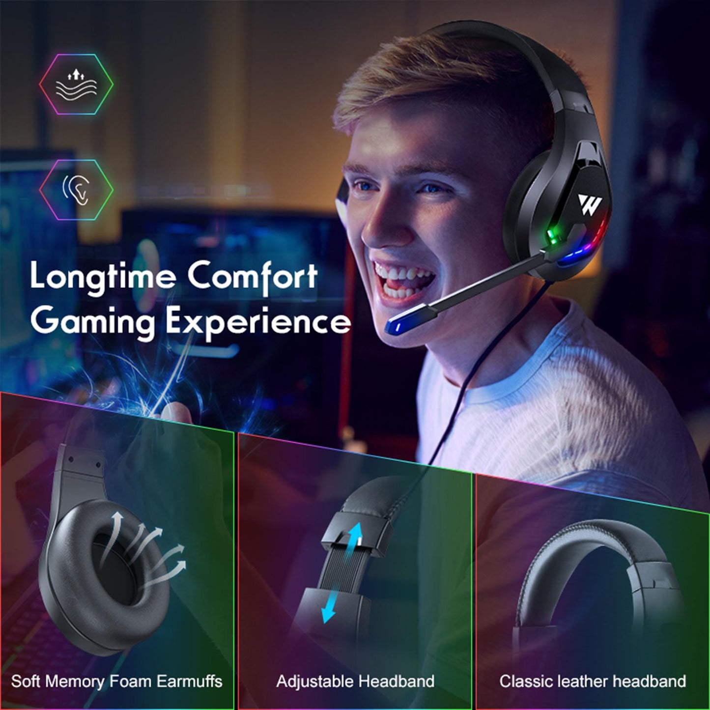 RGB Over Ear Gaming Headset with MIC Earphone Surround Sound Professional