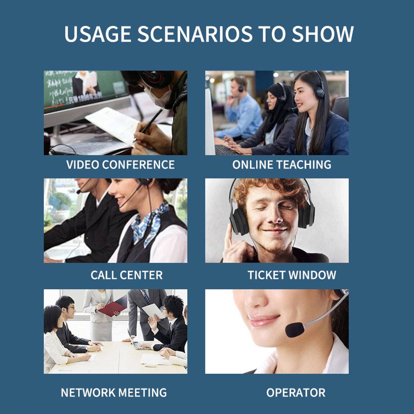 USB Wired Headphone with Mic for School Office Call Center Business Black