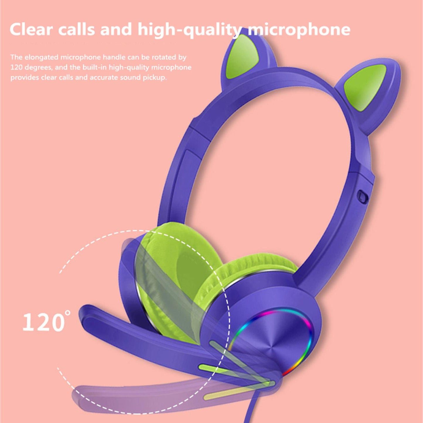 Cat Ear Headphones with Mic 3.5mm Lightweight Headphones Noise Canceling Red