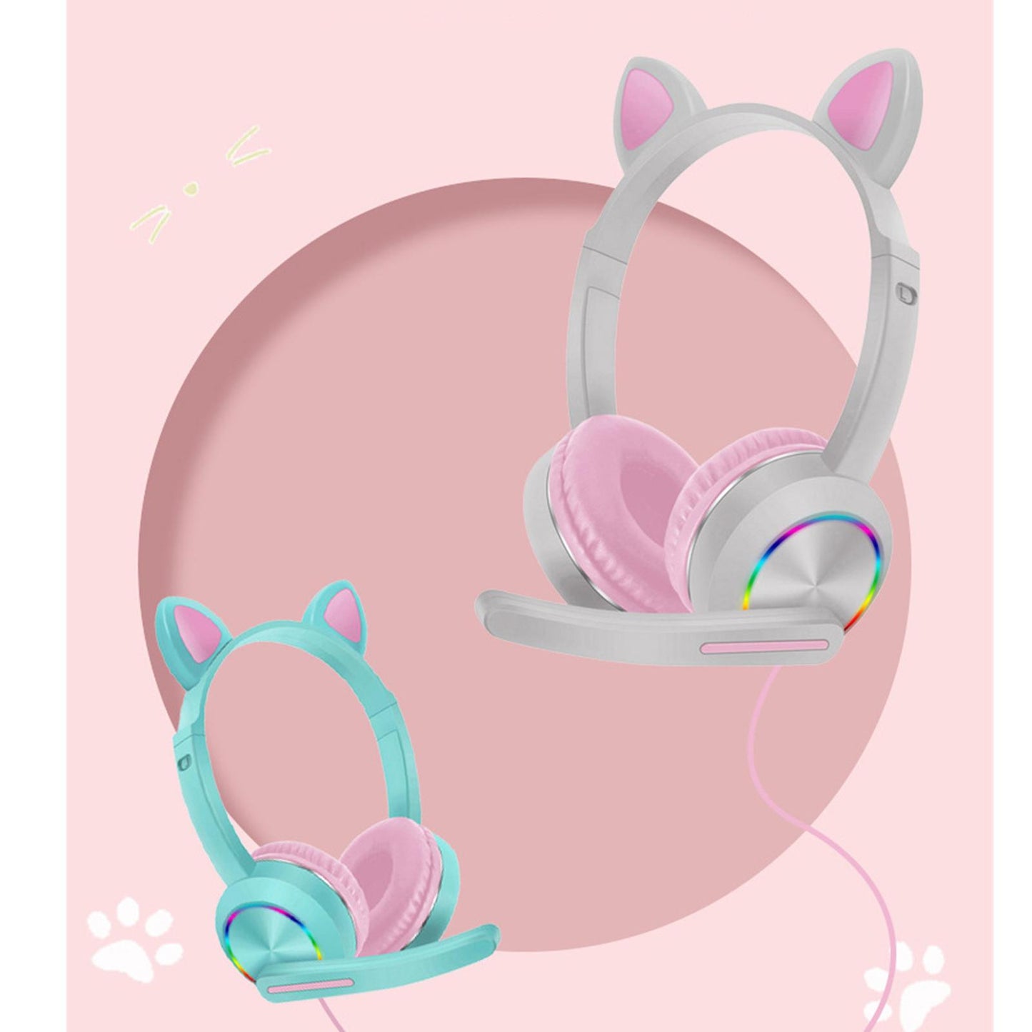 Cat Ear Headphones with Mic 3.5mm Lightweight Headphones Noise Canceling Red