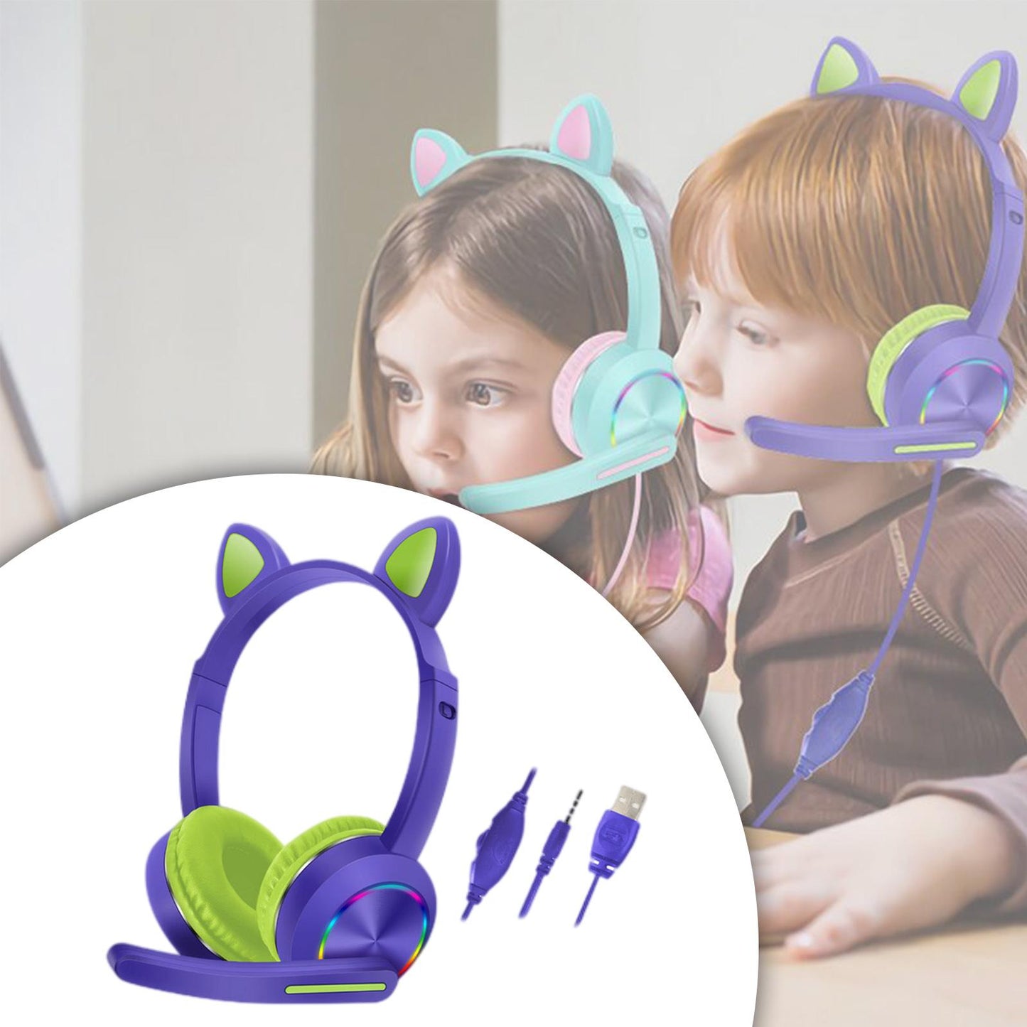 Cat Ear Headphones with Mic 3.5mm Lightweight Headphones Noise Canceling Purple