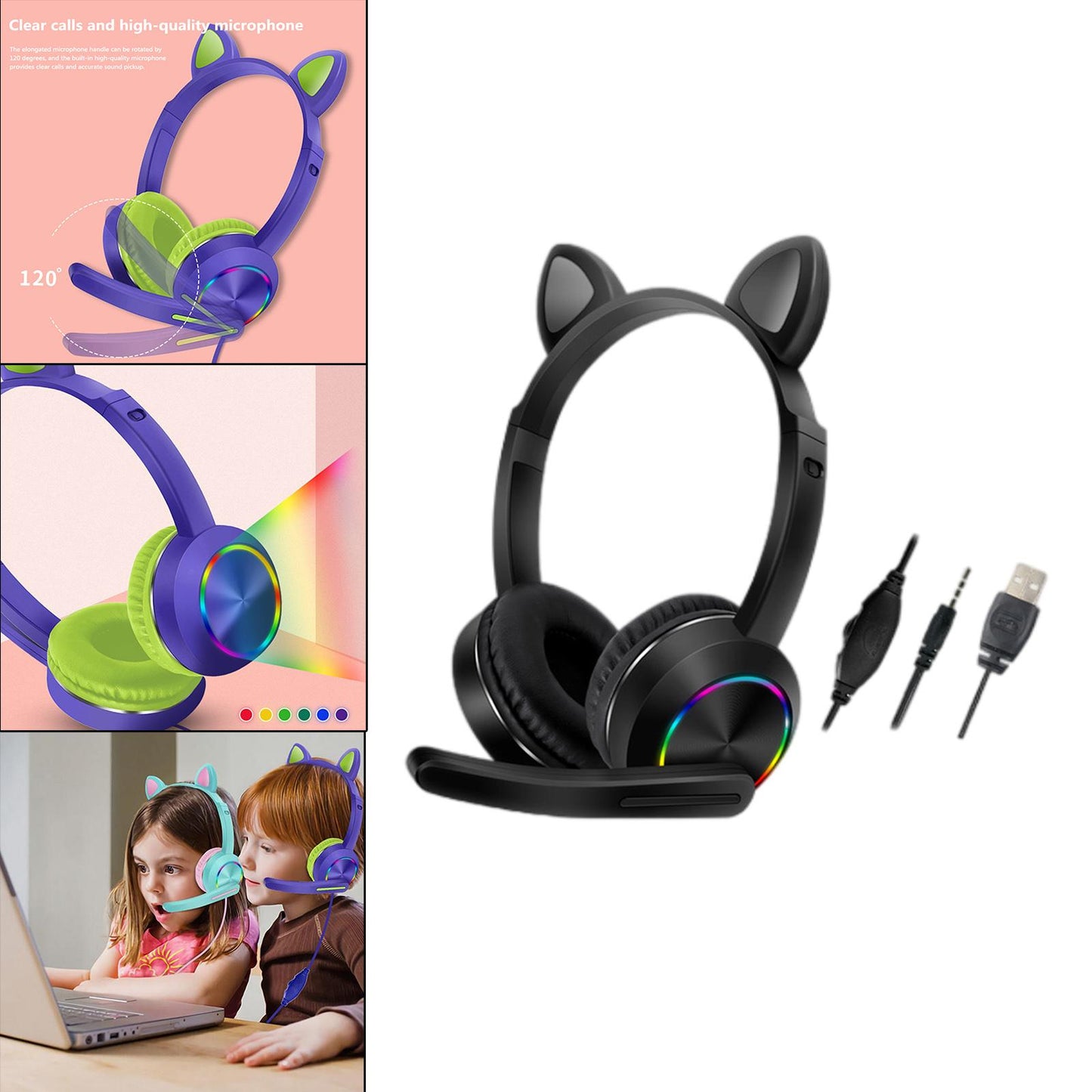 Cat Ear Headphones with Mic 3.5mm Lightweight Headphones Noise Canceling Black