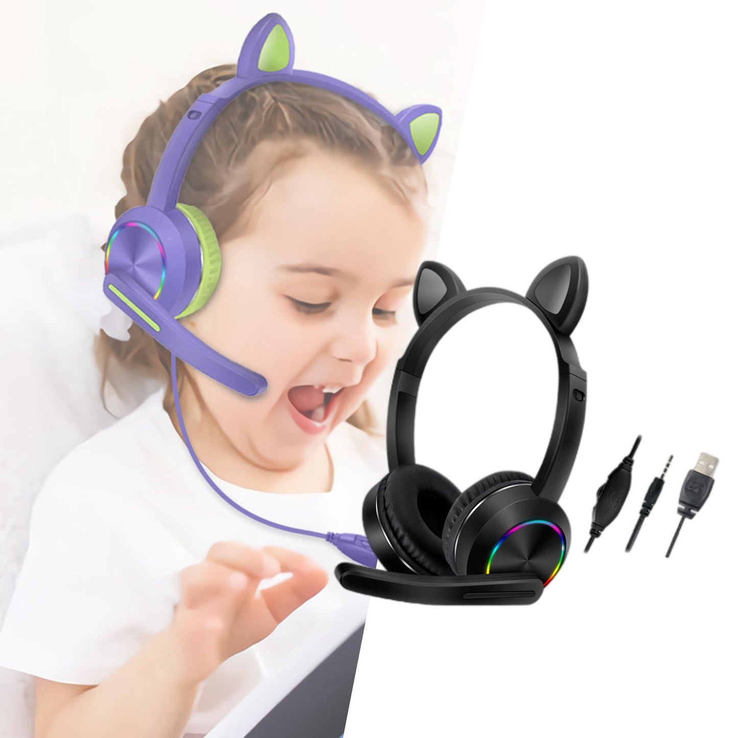 Cat Ear Headphones with Mic 3.5mm Lightweight Headphones Noise Canceling Black